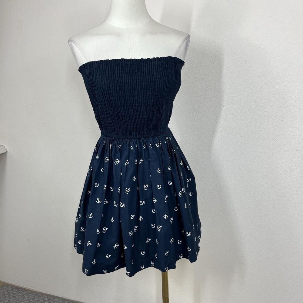 Abercrombie Fitch Dress Womens Medium Blue Smocked Strapless Sundress Nautical